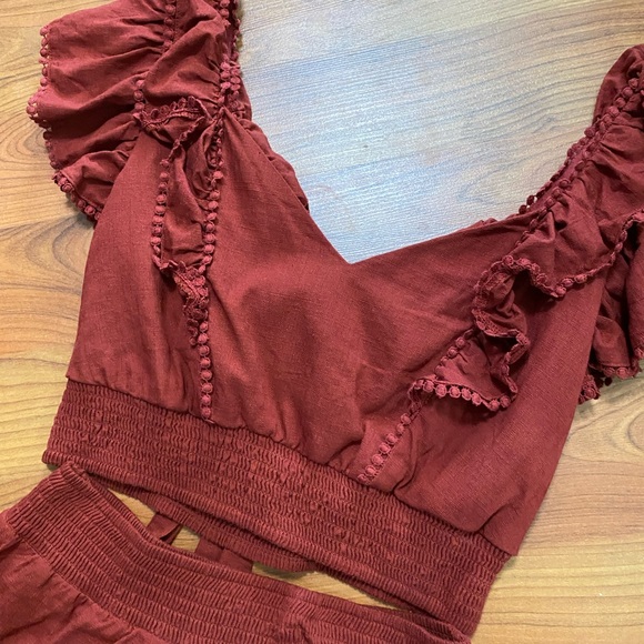 EXPRESS dark red linen blend crop top and pull on skirt 2 piece set outfit Small - Picture 5 of 11